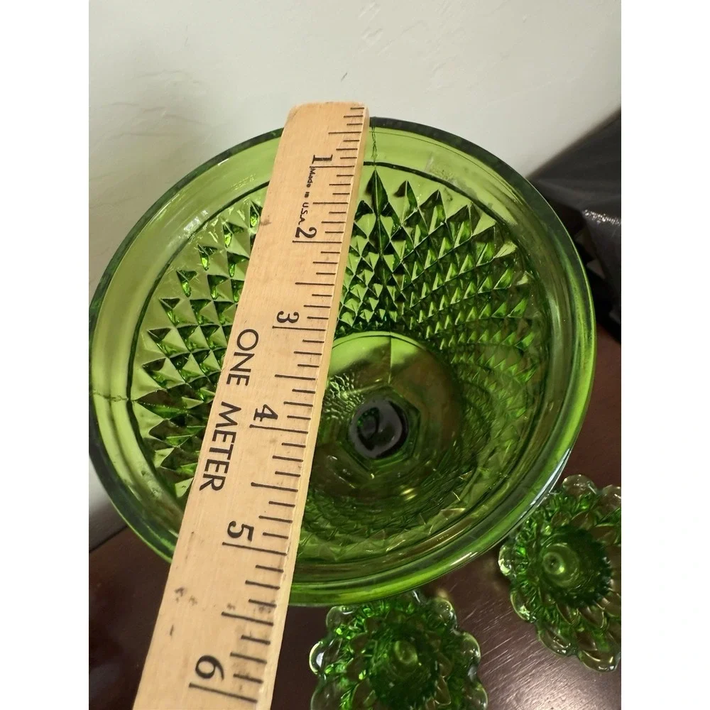 Lot Of 3 VTG Diamond‎ Point Green Pedestal Compote Vase w/ 2 Candleholders